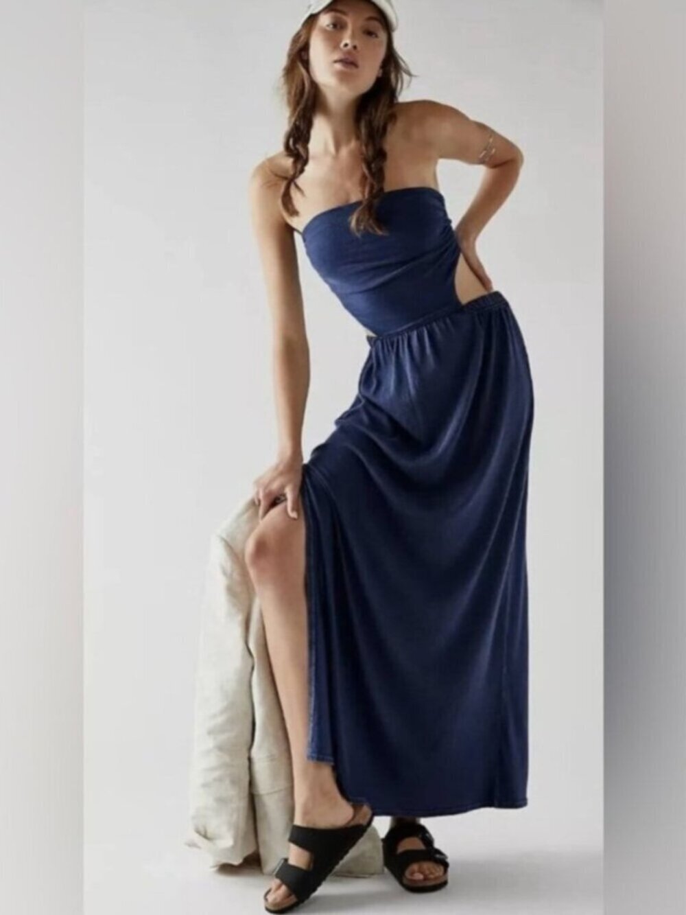 Free People Trangelica Strapless Maxi Dress in Navy Blue Open Back Size Small